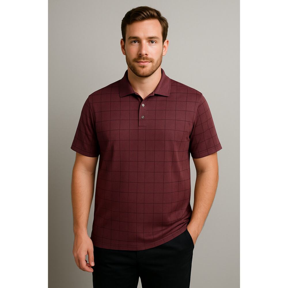Haggar Cool 18 Polo Shirt Mens L Maroon Grid Performance Stretch Golf Activewear